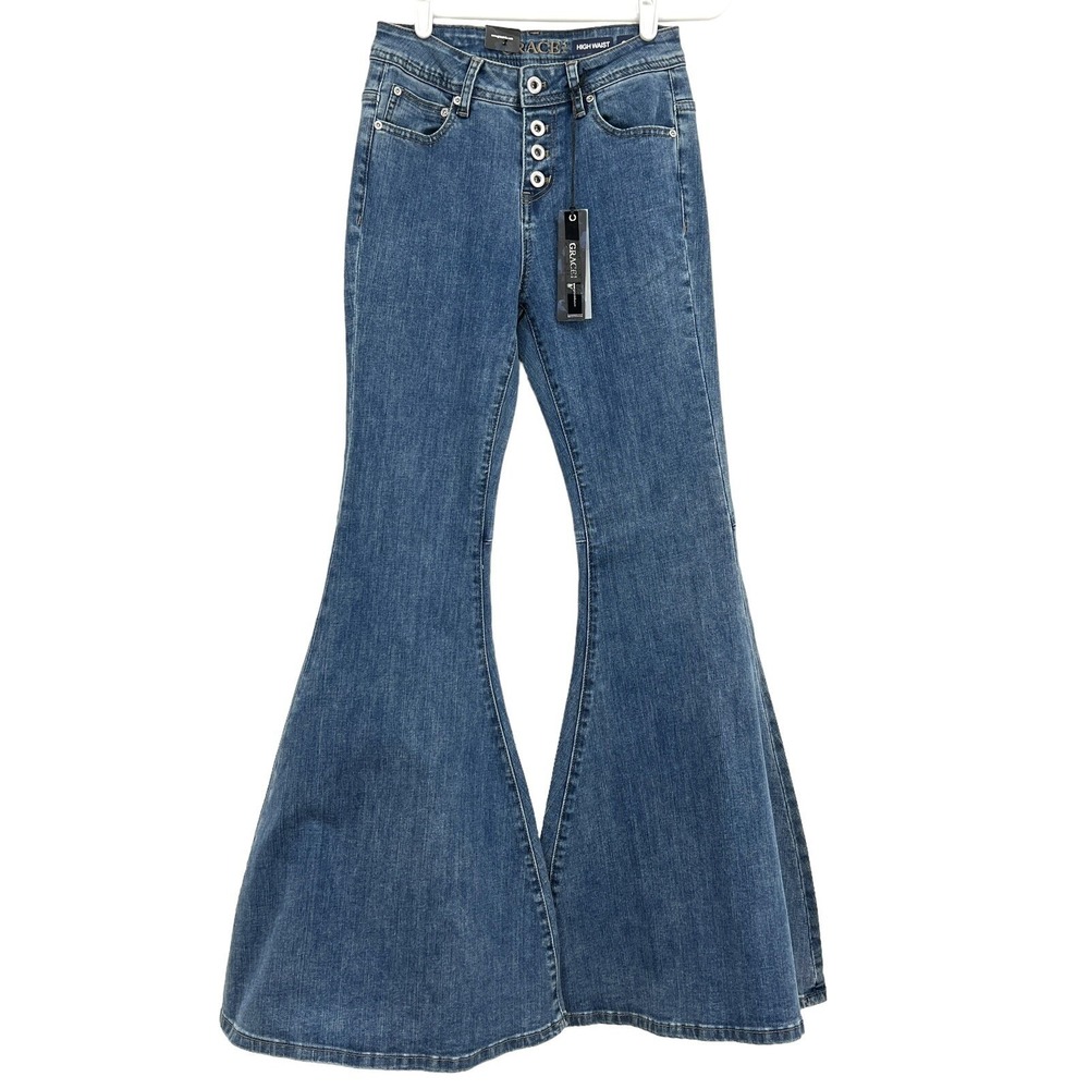 NWT GRACE in LA Women's Flare Leg Buttons High Rise Blue Denim Jeans Size 25